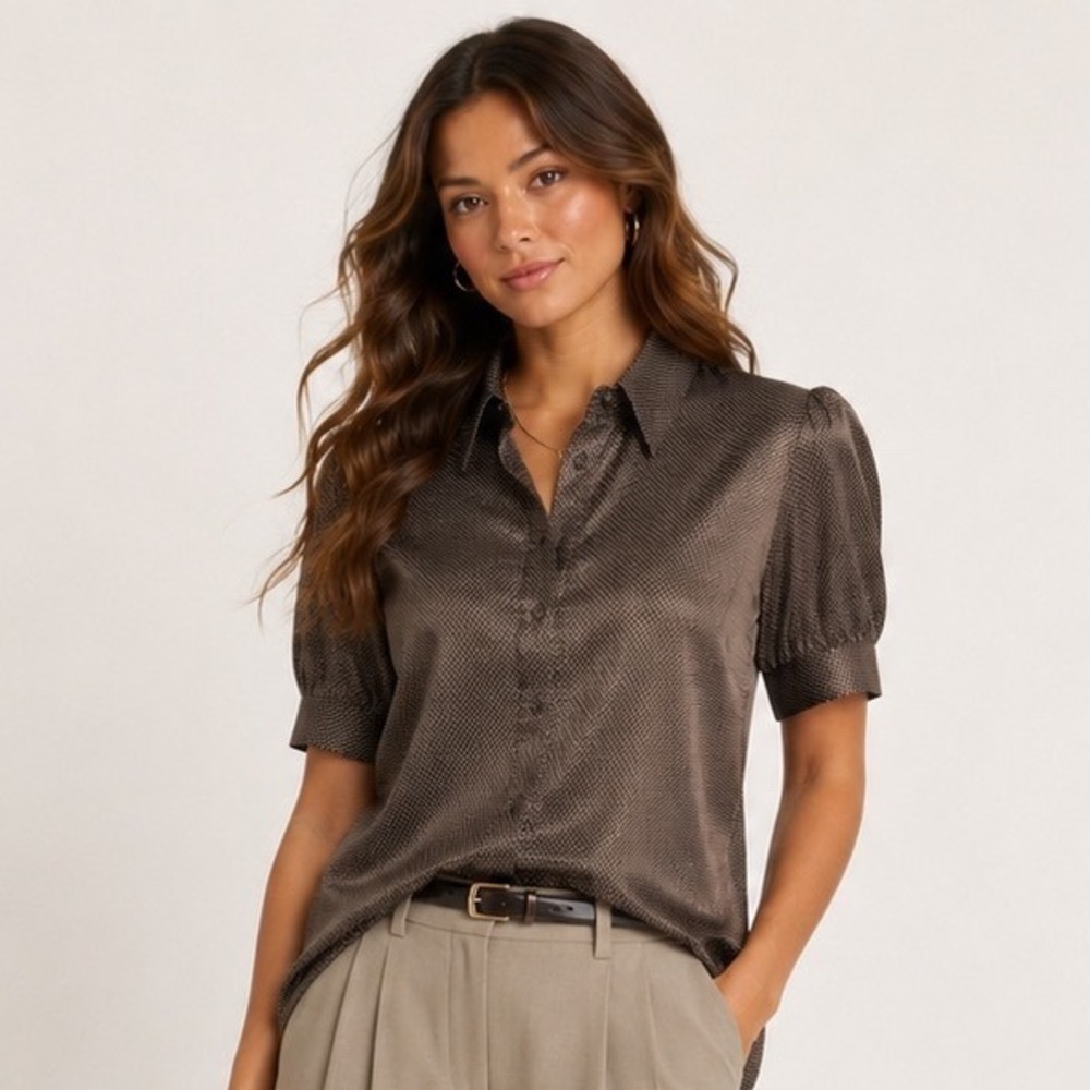 Covington Button Down Blouse Large Brown Polka Dot Puff Short Sleeve Y2K Satin